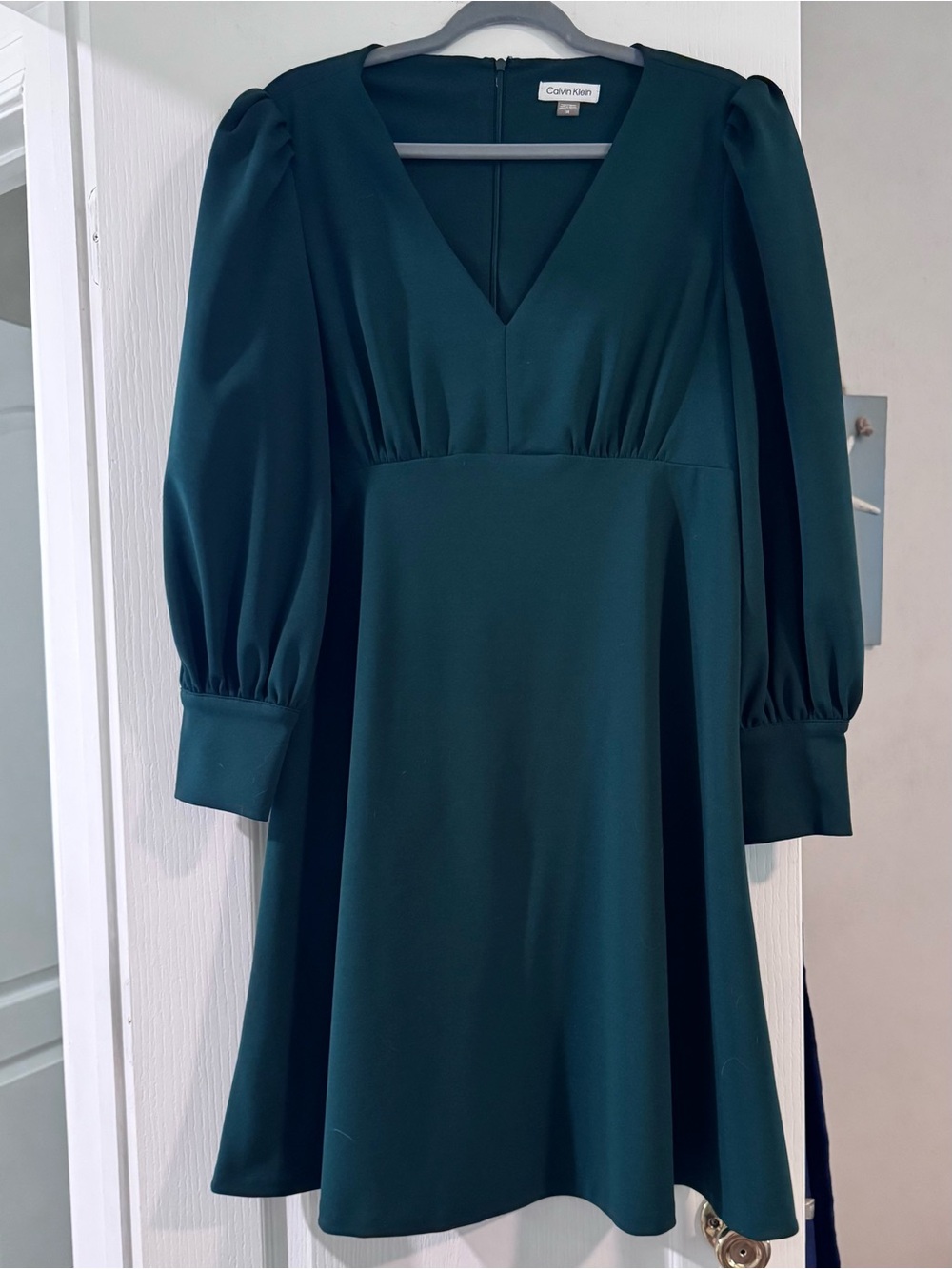 Calvin Klein Forest Green V-Neck Long Sleeve A-Line Dress